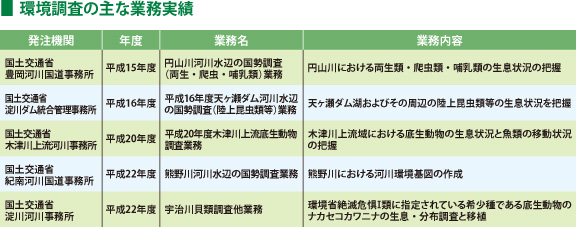 環境調査の主な業務実績